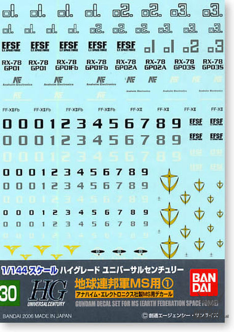 Bandai Gundam Decal GD-30 1/144 HGUC EFSF MS #1 Decal Decals