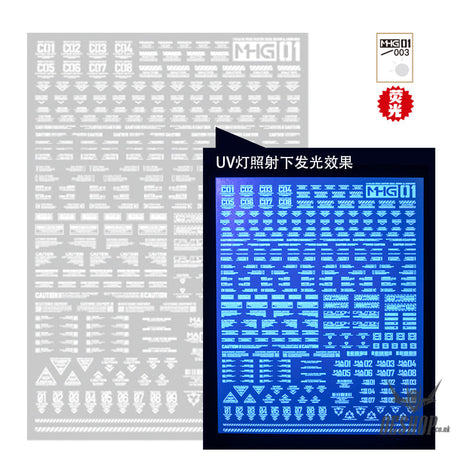 HobbyMio MHG01 Model Decals 1/144 Universal Warning Label With UV Options MHG01-003 Fluorescent White Decals